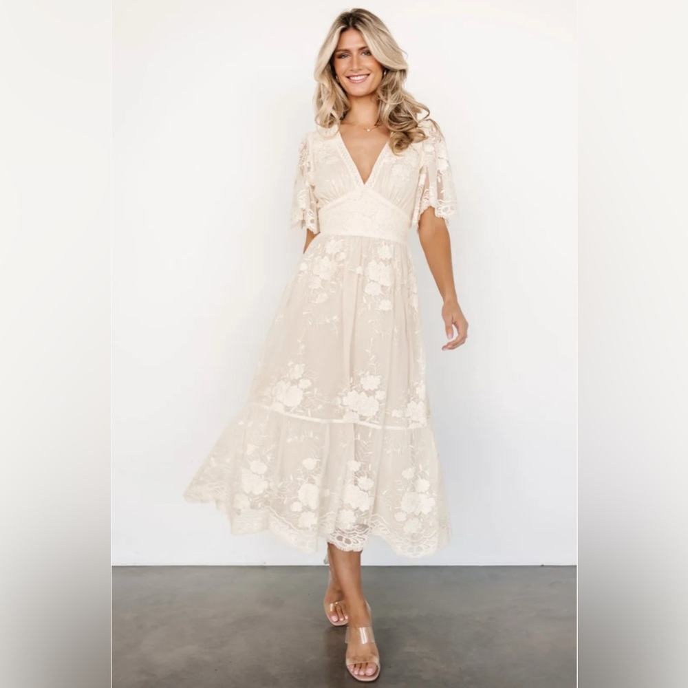 Baltic Born Cream Clarissa Lace Midi Dress with Flutter Sleeves